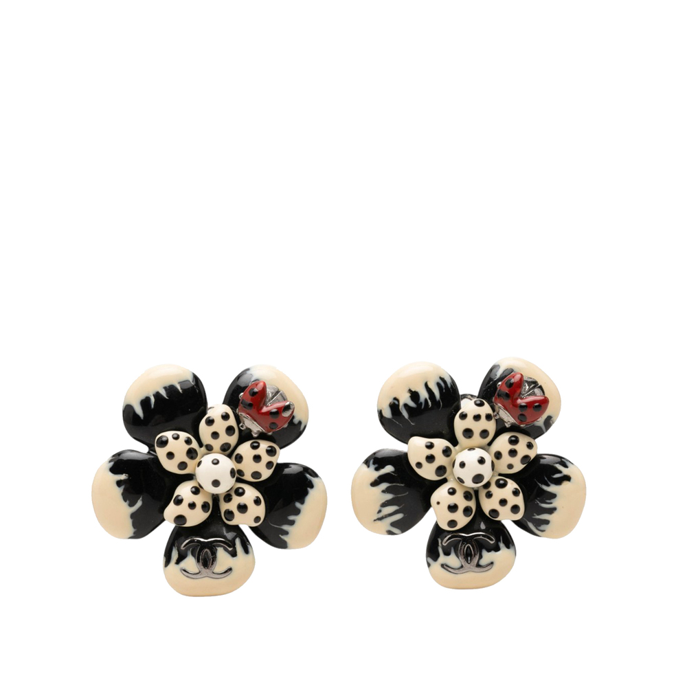 Pre-Loved Chanel CC Brass Enamel Flower and Ladybug Clip On Earrings